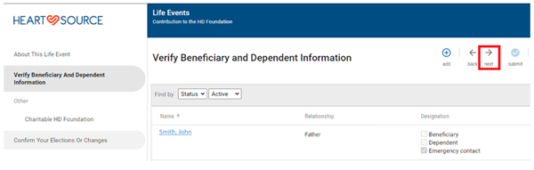 On the Verify Beneficiary and Dependent Information page, confirm the information is correct and click next