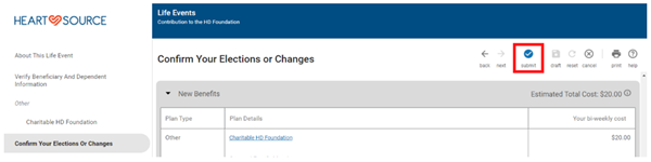 On the Confirm Your Elections or Changes page, review your contribution amount under New Benefits. Once you’ve confirmed the information is correct, click submit.