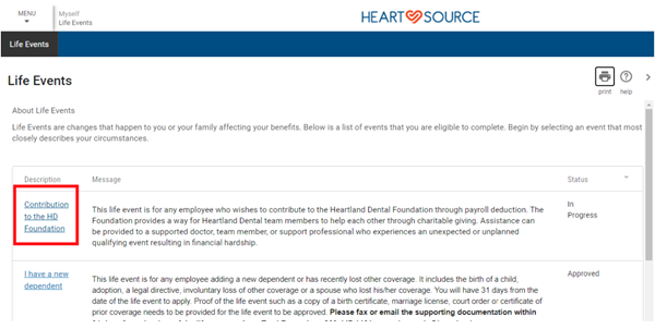 From the Life Events screen, click on “Contribution to the HD Foundation