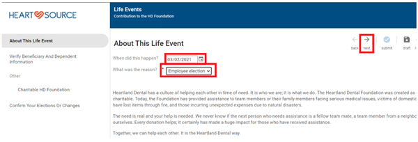 Under About This Life Event, enter an effective date for your payroll deduction. Then select Employee election for the reason. Once selected, click next.